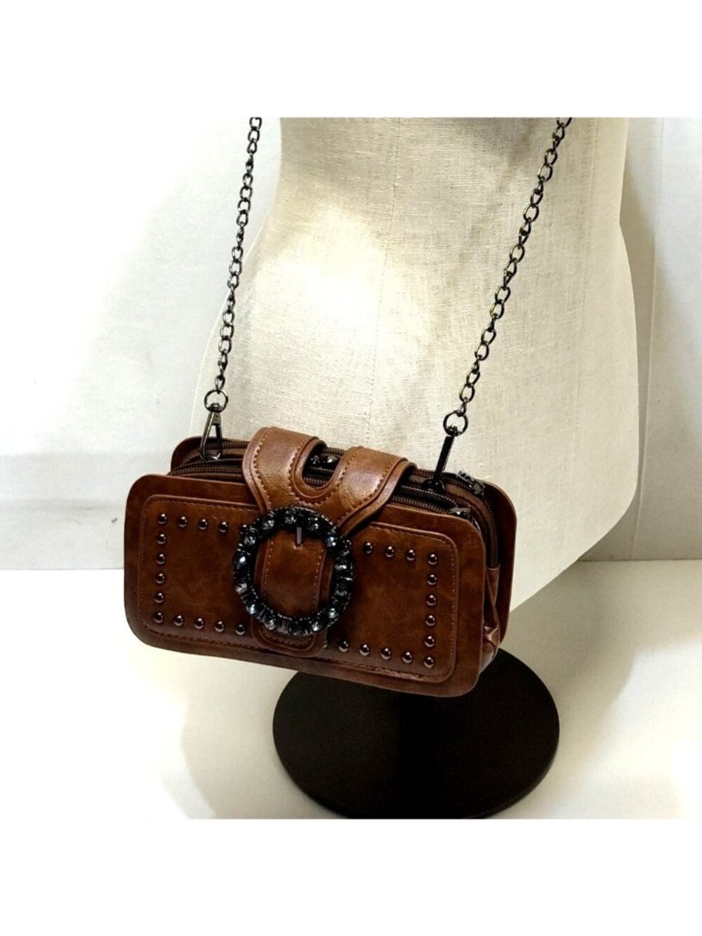 Crossbody Purse Clutch Rhinestone Buckle Studs Chain Strap Punk Style Mult Comp